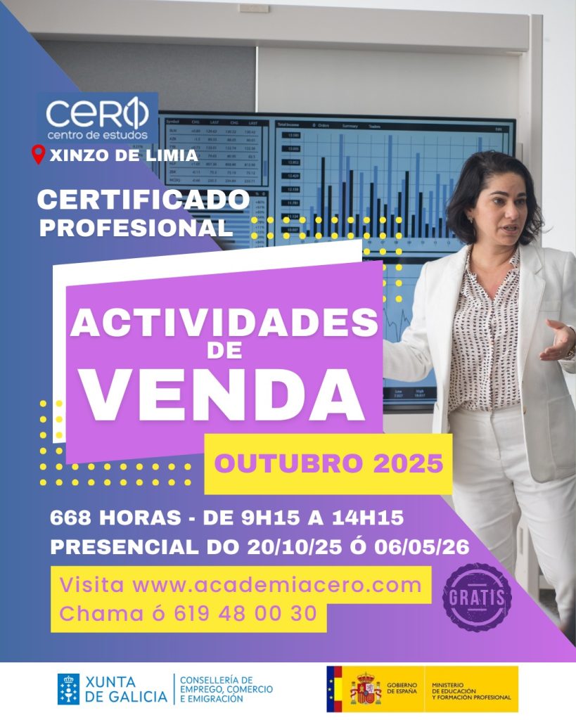Formación subvencionada en actividades de venta en Xinzo de Limia, Galicia, para mejorar competencias comerciales y atención al cliente, certificada por el SEPE y la Xunta de Galicia. Tu punto de partida hacia el empleo!