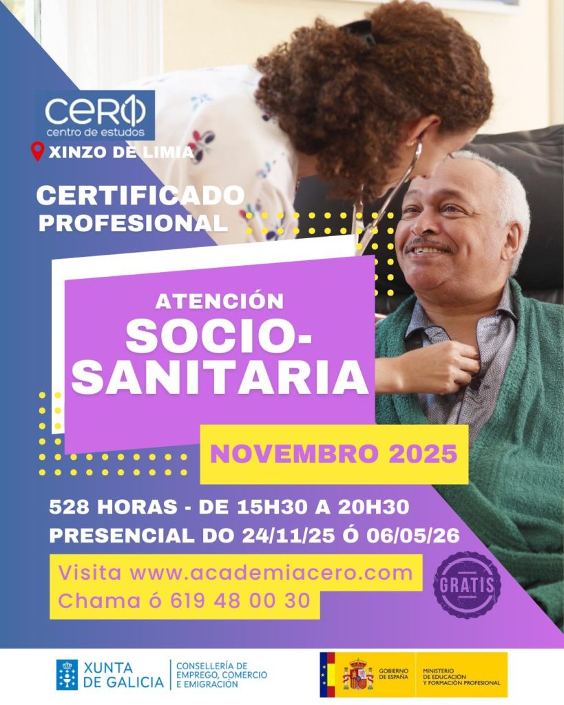 Formación subvencionada en atención sociosanitaria en Xinzo de Limia, Galicia, para mejorar competencias profesionales y aumentar la empleabilidad, certificada por el SEPE y la Xunta de Galicia. Tu punto de partida hacia el empleo.